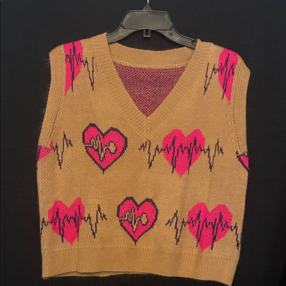 SHEIN Tan V-Neck Sweater Vest with Pink Heart Design